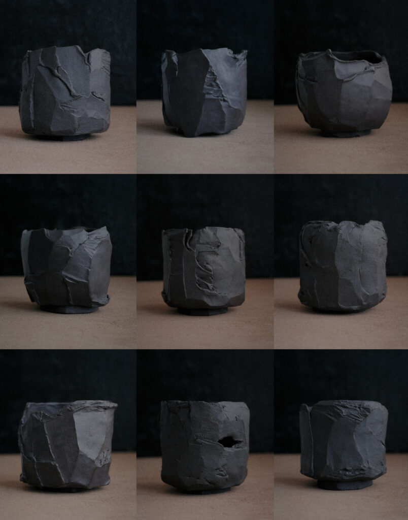 Handcrafted large pots from unglazed stoneware, carved with kurinuki technique