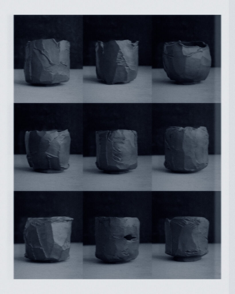 Nine-panel collage of the same kurinuki sculptural vessel in cool blue tones — showcasing form from every angle