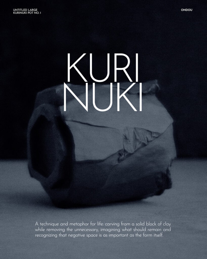 Editorial image: large dark kurinuki stoneware pot titled 'Untitled Large Kurinuki Pot No. 1' with dramatic low-key lighting